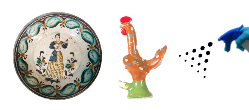 Pottery plate with woman playing guitar and whistle in the shape of a rooster. Collection of the National Music Museum. Schematic representation of nanoparticles application.