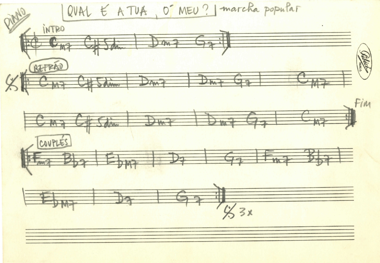 Pauta anotada para piano de ‘Qual é a tua, ó meu?’, de José Mário Branco. Direitos reservados: CEDJMB-ML