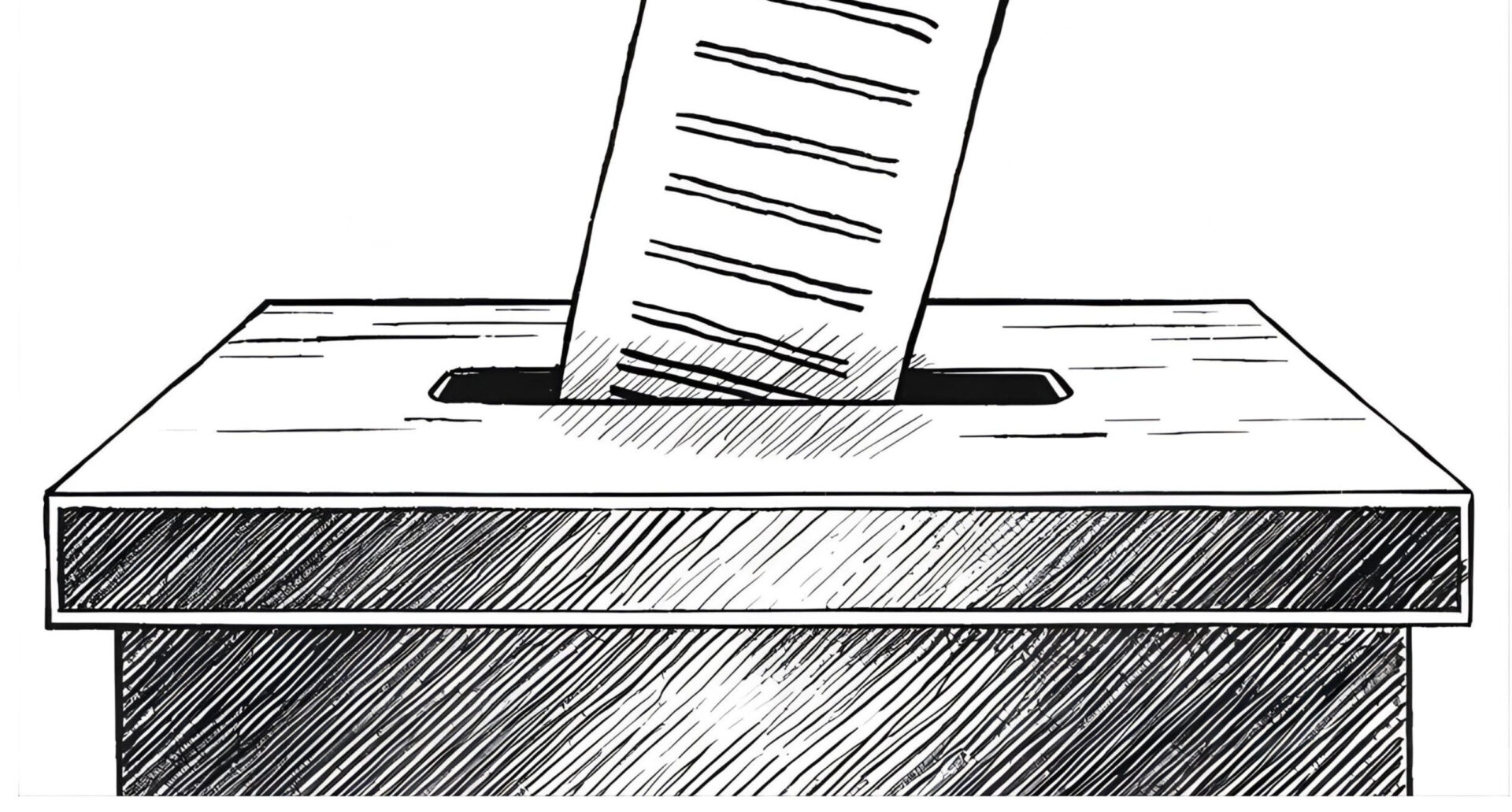 Desenho a preto e branco de mão a colocar boletim de voto em urna