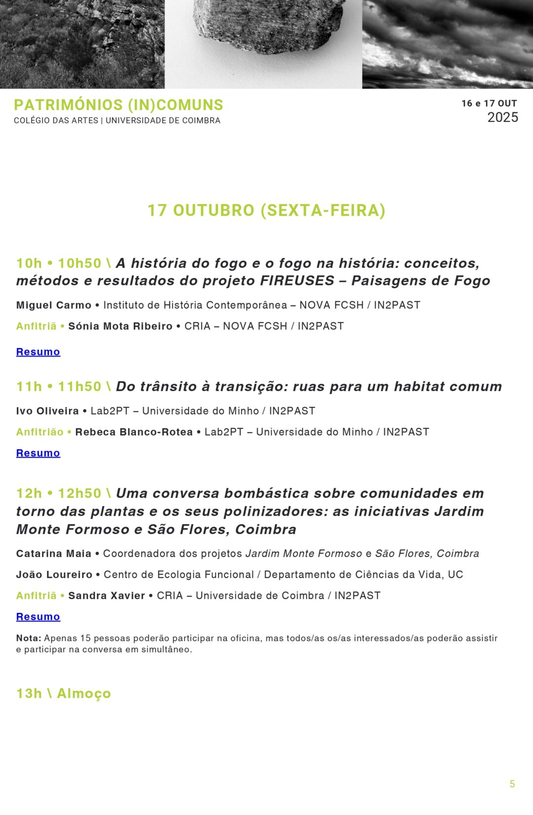 Programa Patrimónios (In)Comuns, dia 17, manhã