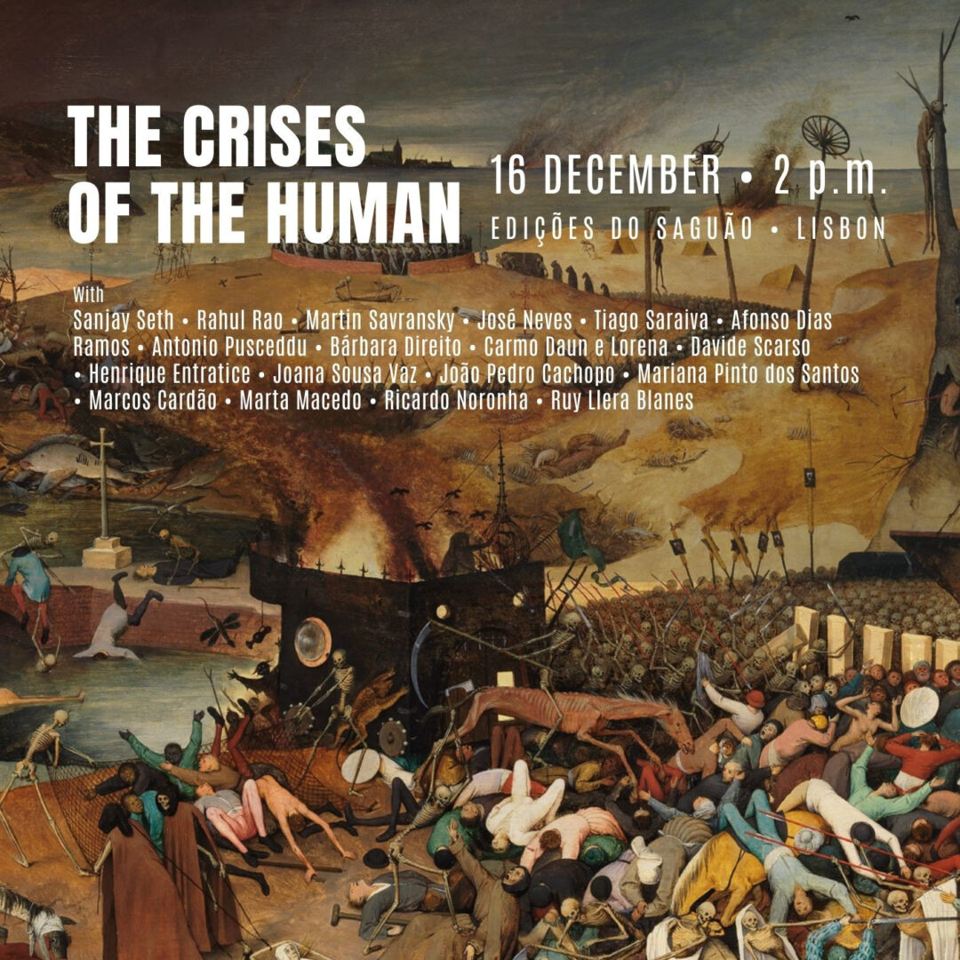 'The Crises of the Human' poster, with 'The Triumph of Death', by Pieter Bruegel the Elder, as background