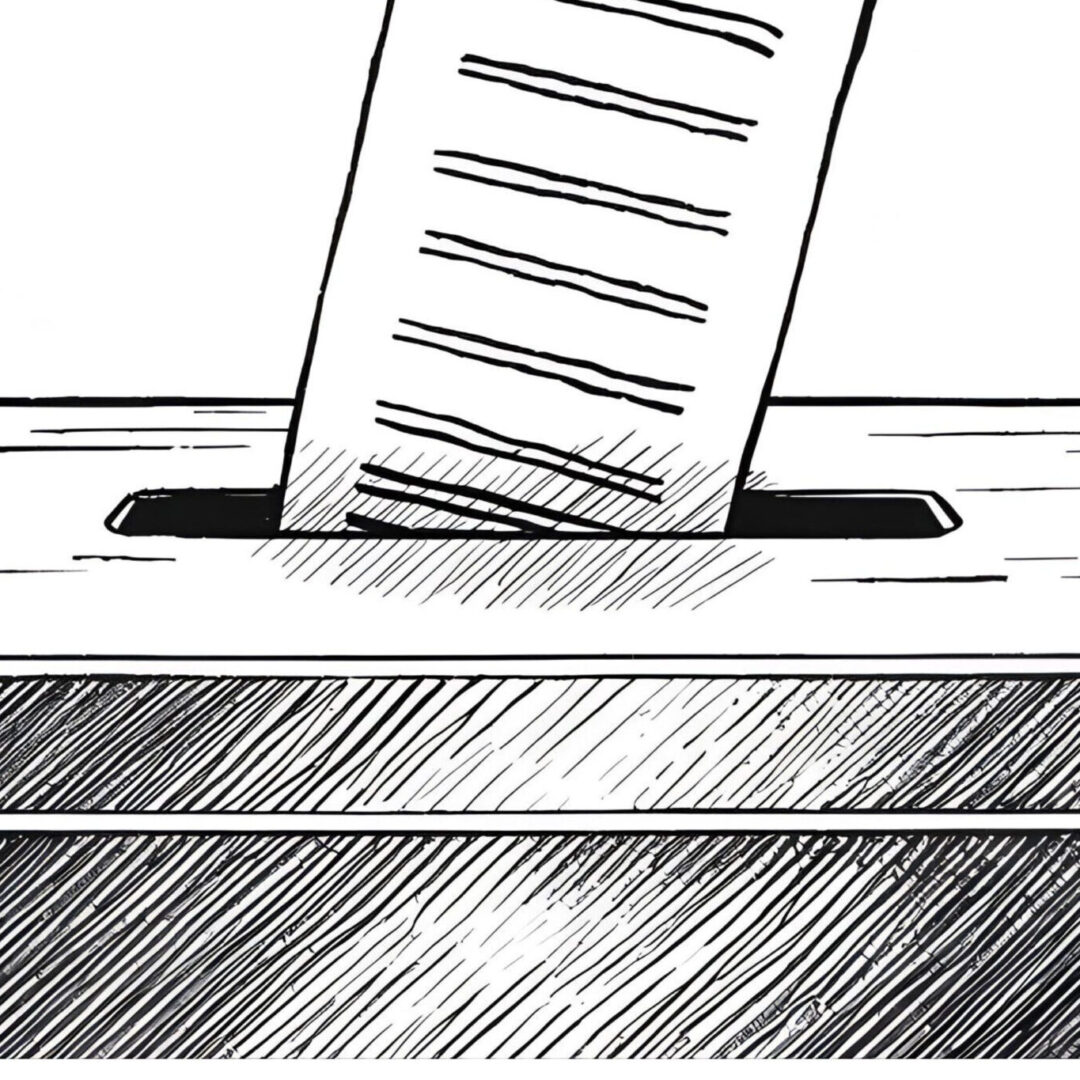 Desenho a preto e branco de mão a colocar boletim de voto em urna